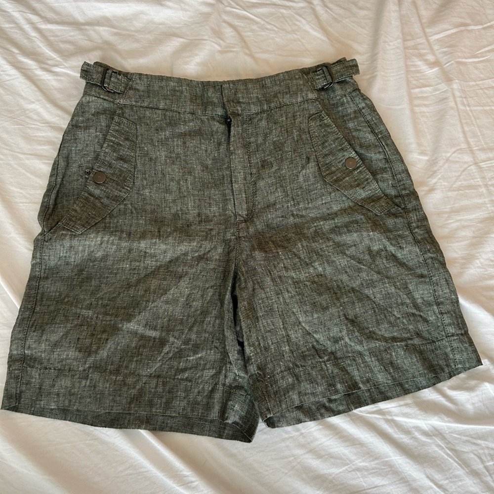 Athleta Olive Green Linen-Blend Bermuda Shorts